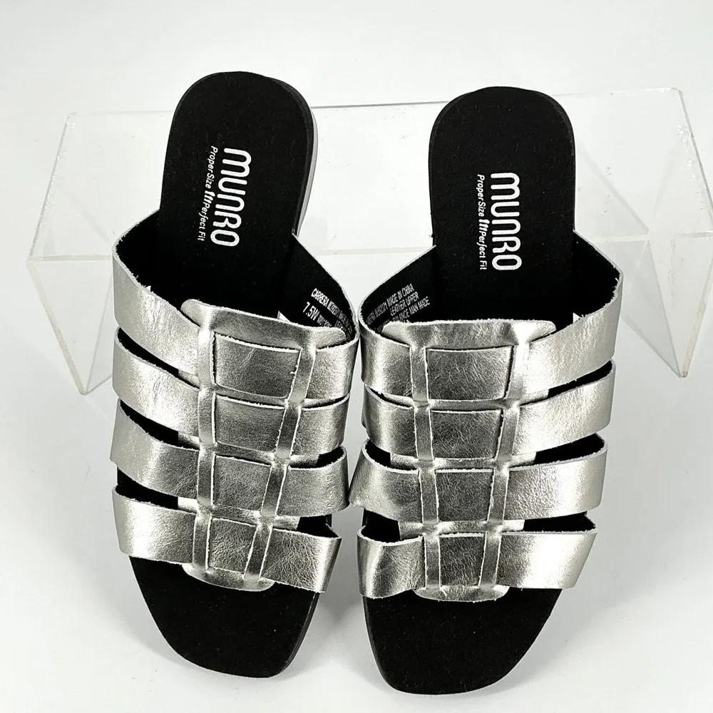 Munro Size 7.5 Wide 7.5W Silver Leather Strappy Slide Sandals NEW Carrera $175